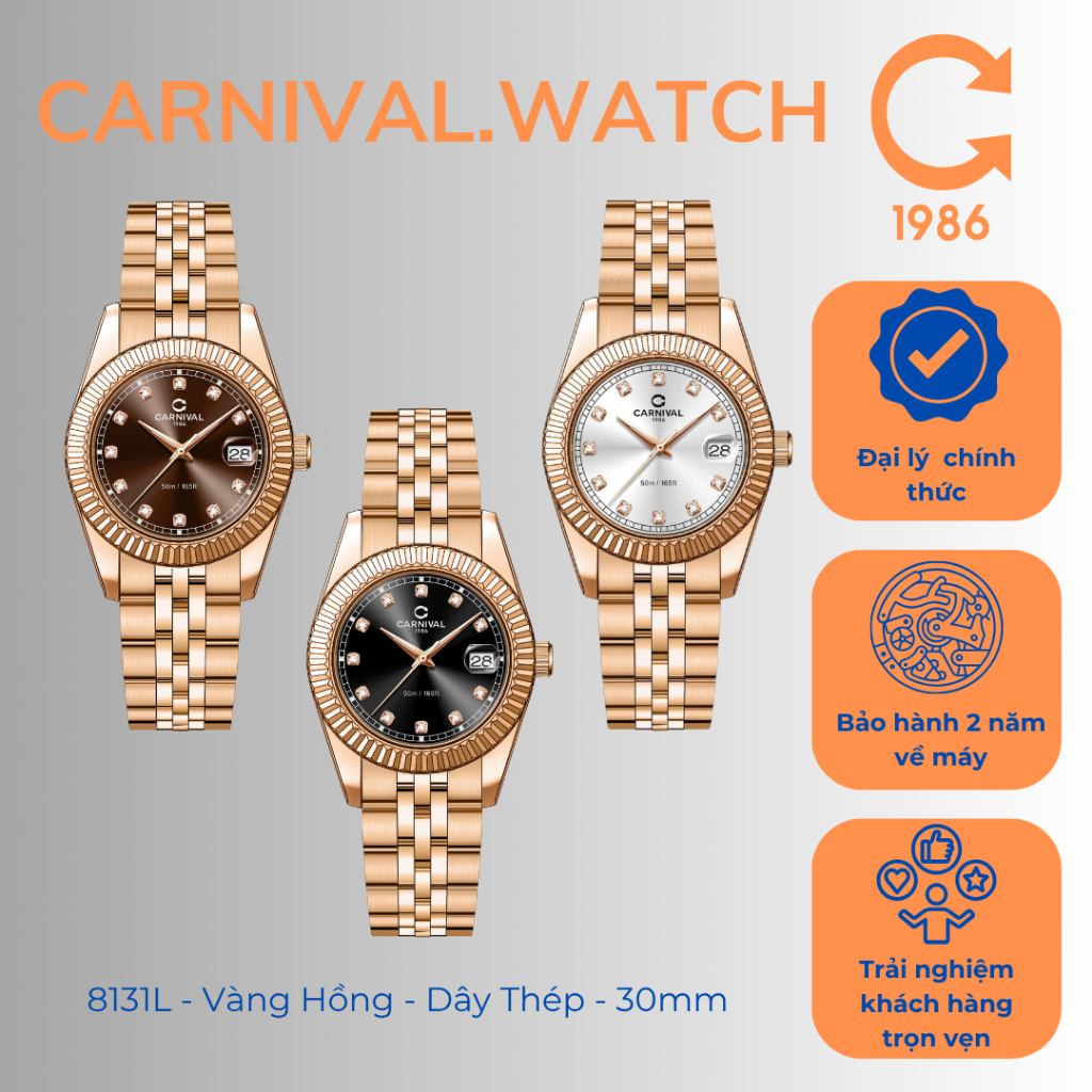 Đồng Hồ Nữ Carnival 8131L – Viền Hồng – Dây Thép