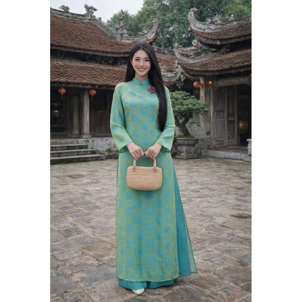Set Áo Dài Tơ Tằm Yến Oanh hoa văn Thọ Dơi - mẫu mới 2036. Set áo dài cao cấp , set áo dài cách Tân 