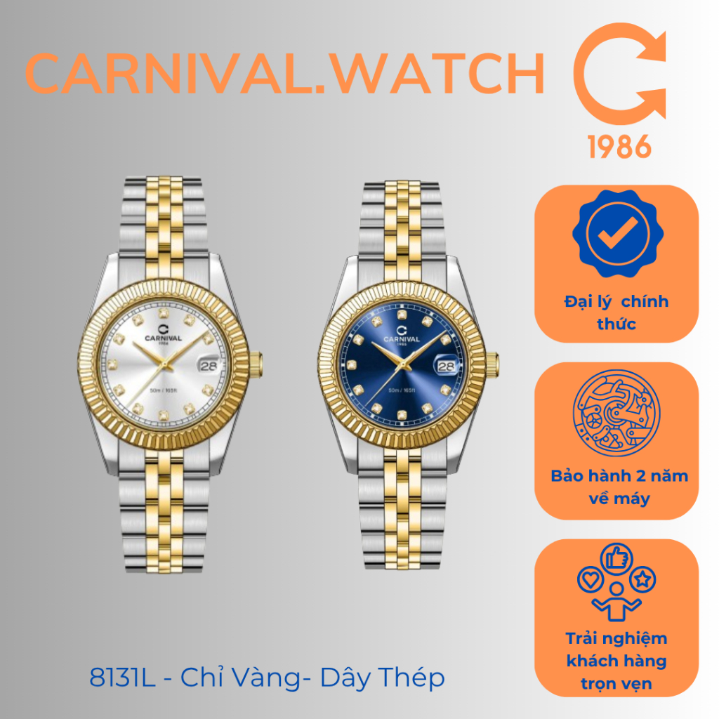 Đồng Hồ Nữ Carnival 8131L – Chỉ Vàng – Dây Thép