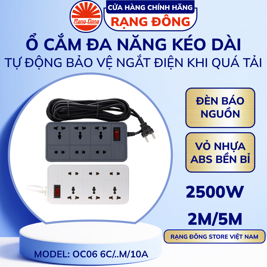 Ổ Cắm Điện Đa Năng Kéo Dài Rạng Đông 2m 5m OC06 nhiều ổ Chịu Tải Tốt Chịu Nhiệt Tự Động Ngắt Khi Quá