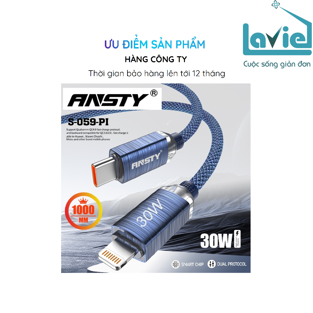 Dây cáp sạc 1000mm - Ansty - S059-PI - sạc nhanh lên đến 30W