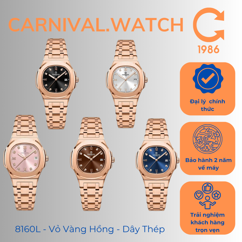 Đồng Hồ Nữ Carnival 8160L – Vỏ Hồng – Dây Thép