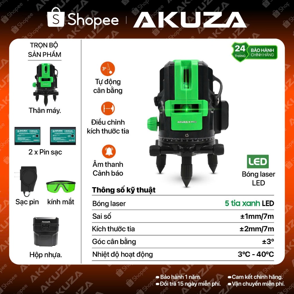Máy Cân Bằng Laser AKUZA X PRO Bóng Led Siêu Sáng, Tự động cân bằng, hàng chính hãng
