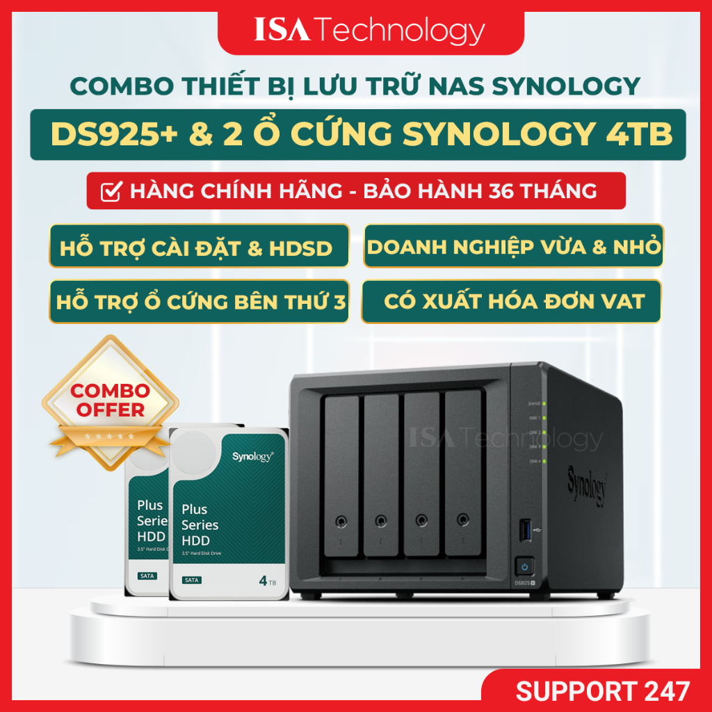 [COMBO] Nas Synology ds925+ kèm 2 ổ cứng Synology HAT 3300 4TB thiết bị lưu trữ mạng chính hãng