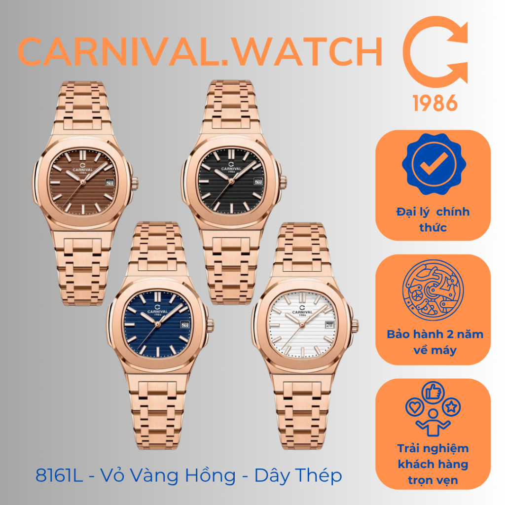 Đồng Hồ Nữ Carnival 8161L – Vỏ Hồng – Dây Thép