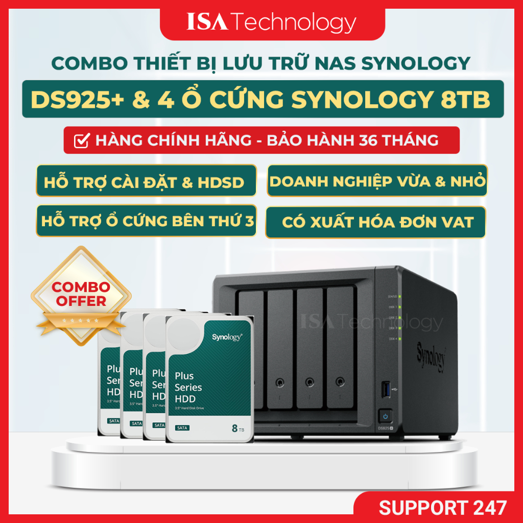 [COMBO] Nas Synology ds925+ kèm 4 ổ cứng Synology HAT 3320 8TB thiết bị lưu trữ mạng chính hãng