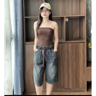 Q112 Quần Ngố Jean Nữ Cạp Thun Ống Rộng Giấu Dáng, Hack Chiều Cao Form Suông S-XXL