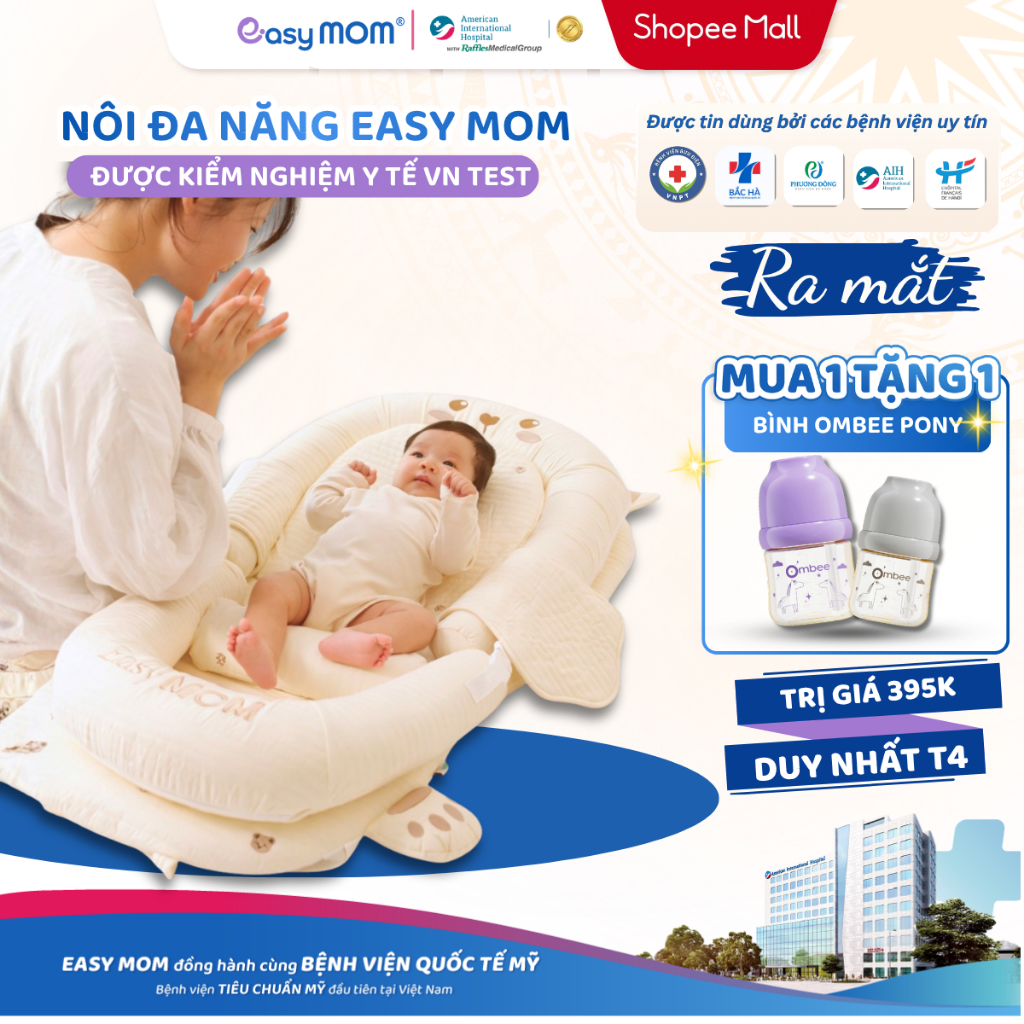 Nôi Chống Trào Đa Năng Gấp Gọn Easy MOM, Nệm Ngủ Cho Bé Sơ Sinh 0-15 Tháng