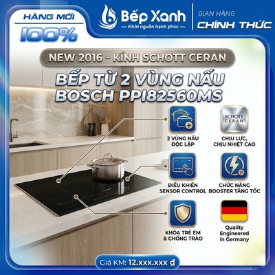 Bếp từ đôi Bosch "Quốc Dân" PPI82560MS/ PPI82569VN, mặt kính Schott Ceran trứ danh, 2 Vùng nấu, Chính hãng 100%