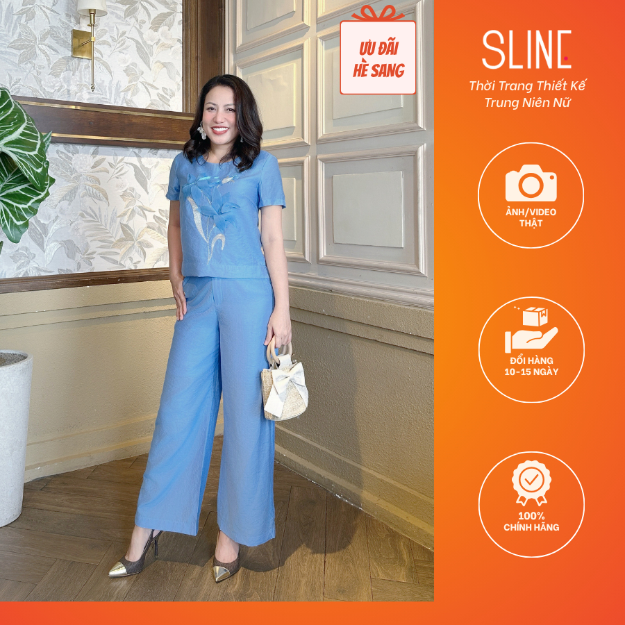 Set Bộ Tơ Cao Cấp Áo Tay Ngắn Đính Hoa + Quần Suông 2 Lớp (48-65kg) -Thời Trang Trung Niên Thiết Kế SLINE - Qùa tặng mẹ