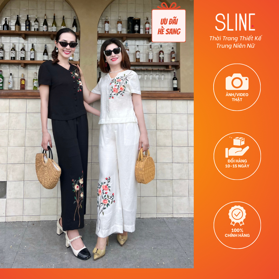 Set Bộ Cao Cấp Chất Tơ Thêu Hoa Hồng Tay Ngắn + Quần Ống Suông (48-65kg) Thời Trang Thiết Kế SLINE - Qùa tặng mẹ | BigBuy360 - bigbuy360.vn