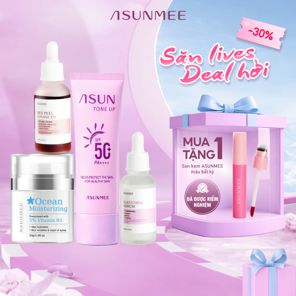 Combo 4 sản phẩm bảo vệ và tái tạo da Asunmee, Kem chống nắng, Red Peel, Bakuchiol Serum, Ocen Moist