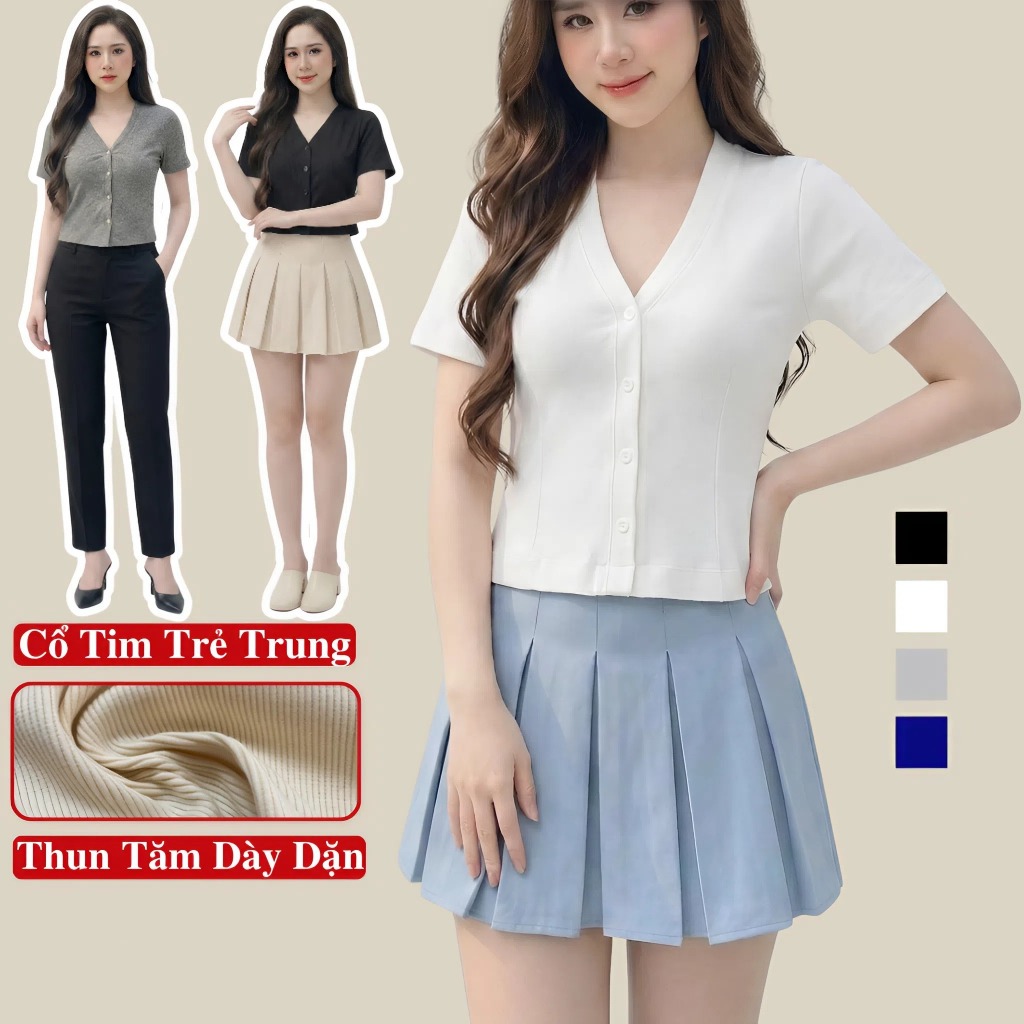 Áo Thun Gân Cổ Tim Nữ Ngắn Tay Có Size Lớn Madela, Áo Croptop Cổ Tim Thun Tăm Nữ Tay Ngắn Trẻ Trung.