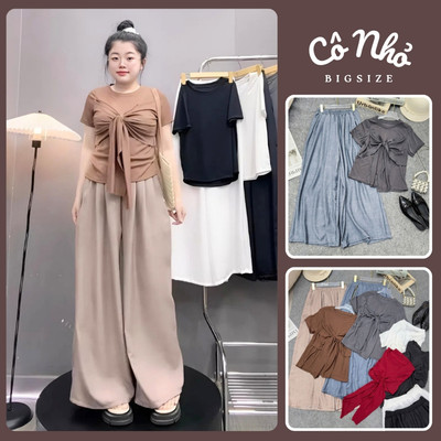 Set Áo Quần Bigsize Nữ Áo Thun Buộc Nơ Kèm Quần Đũi Ống Rộng Cạp Chun Mặc Mát (A269+Q564)