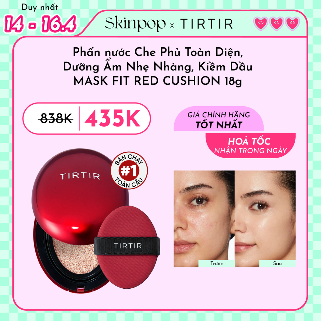 [GIÁ TỐT NHẤT 15.4] Skinpop - Phấn nước TIRTIR che phủ toàn diện, kiềm dầu Mask Fit Red Cushion 18g