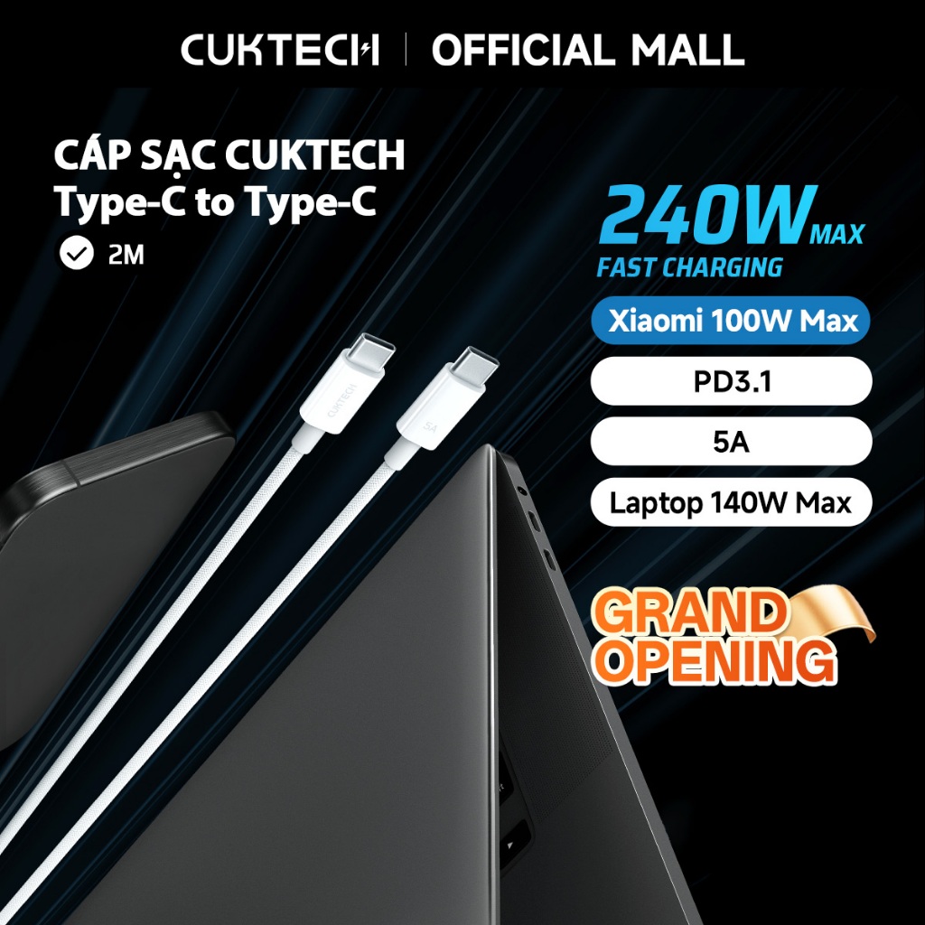 CUKTECH Cáp Sạc Nhanh 240W 5A Type-C to Type-C Hỗ Trợ Xiaomi 100W PD3.1 cho iP16/15, MacBook Samsung