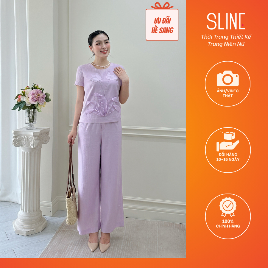 Set Đồ Nữ Cao Cấp Áo Thêu Hoa Tulip + Quần Suông 2 Lớp (48-65kg) - Thời Trang Thiết Kế Trung Niên Nữ SLINE - Qùa tặng mẹ | BigBuy360 - bigbuy360.vn