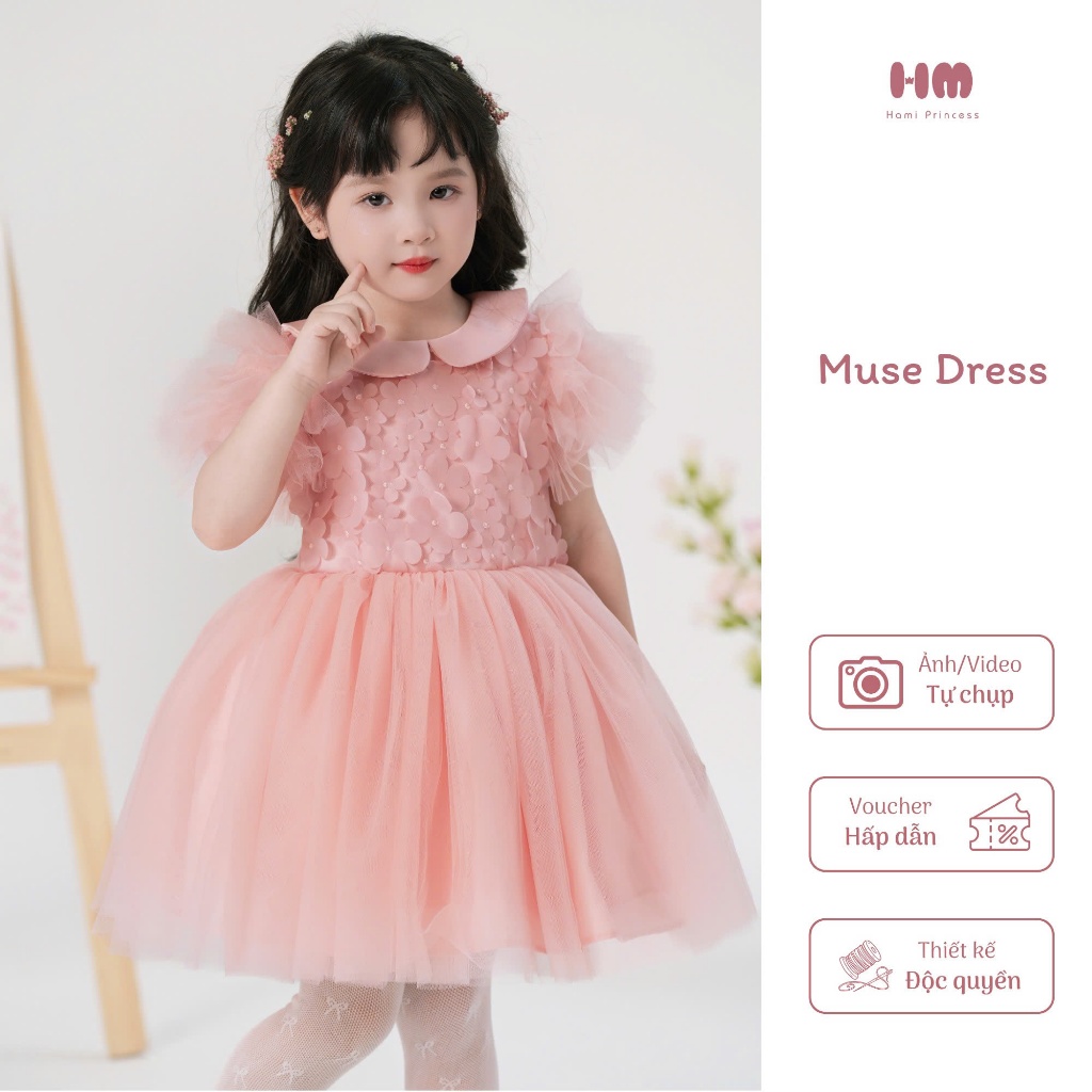 𝐌𝐮𝐬𝐞 𝐃𝐫𝐞𝐬𝐬 - Váy Cổ Sen Hoa 3D Bồng Xoè HM63 ( ảnh chính chủ)