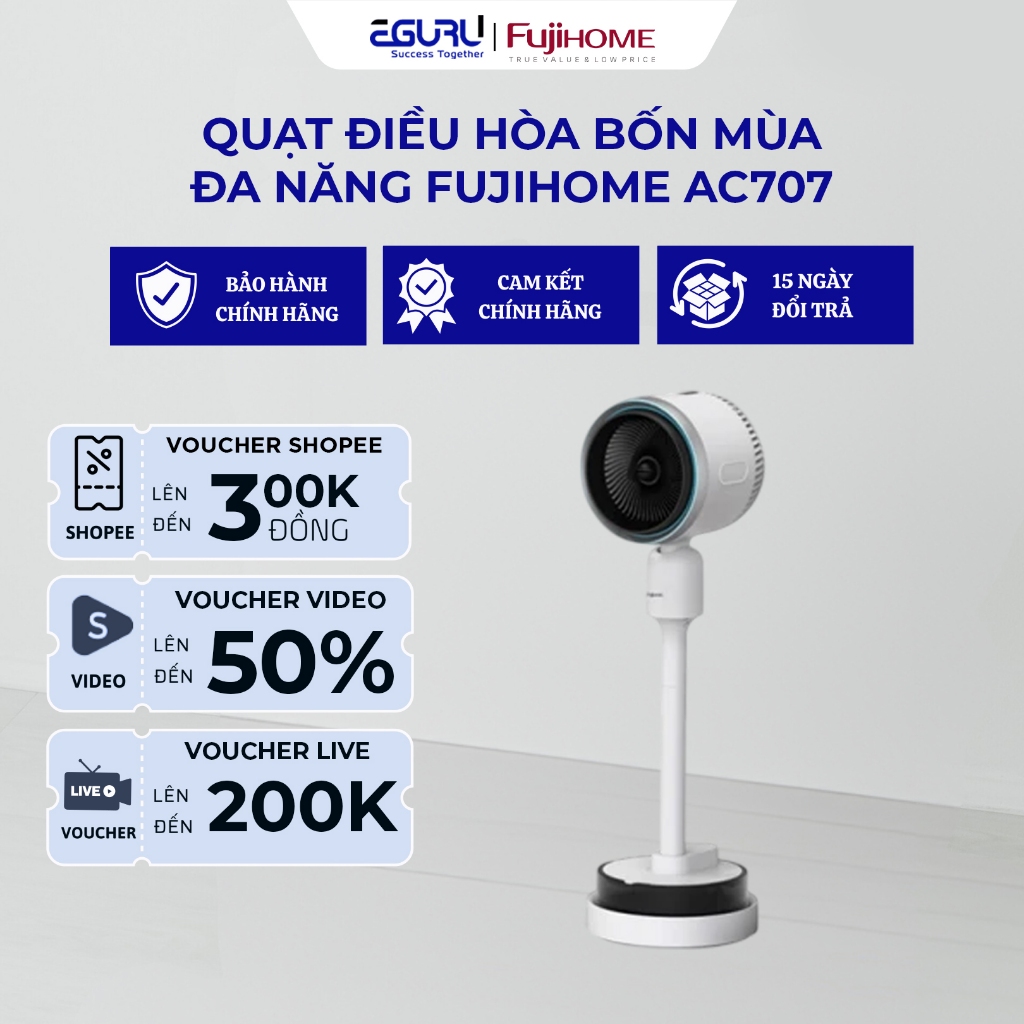 Quạt sưởi đa năng 4 mùa FUJIHOME AC707 Sưởi Ấm Mùa Đông, Gió Mát Mùa Hè, Tạo Ẩm, Lọc Khí, Gọn Nhẹ