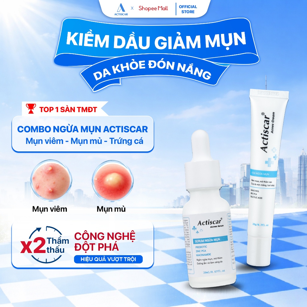 Combo kem và serum chấm mụn chuyên sâu Actiscar Acness 20g giúp cải thiện mụn, thâm , viêm