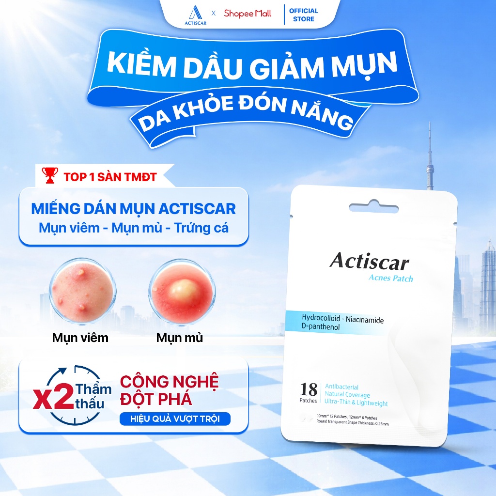 Miếng dán mụn ACTISCAR hỗ trợ giảm mụn, giảm thâm , phù hợp với mọi làn da