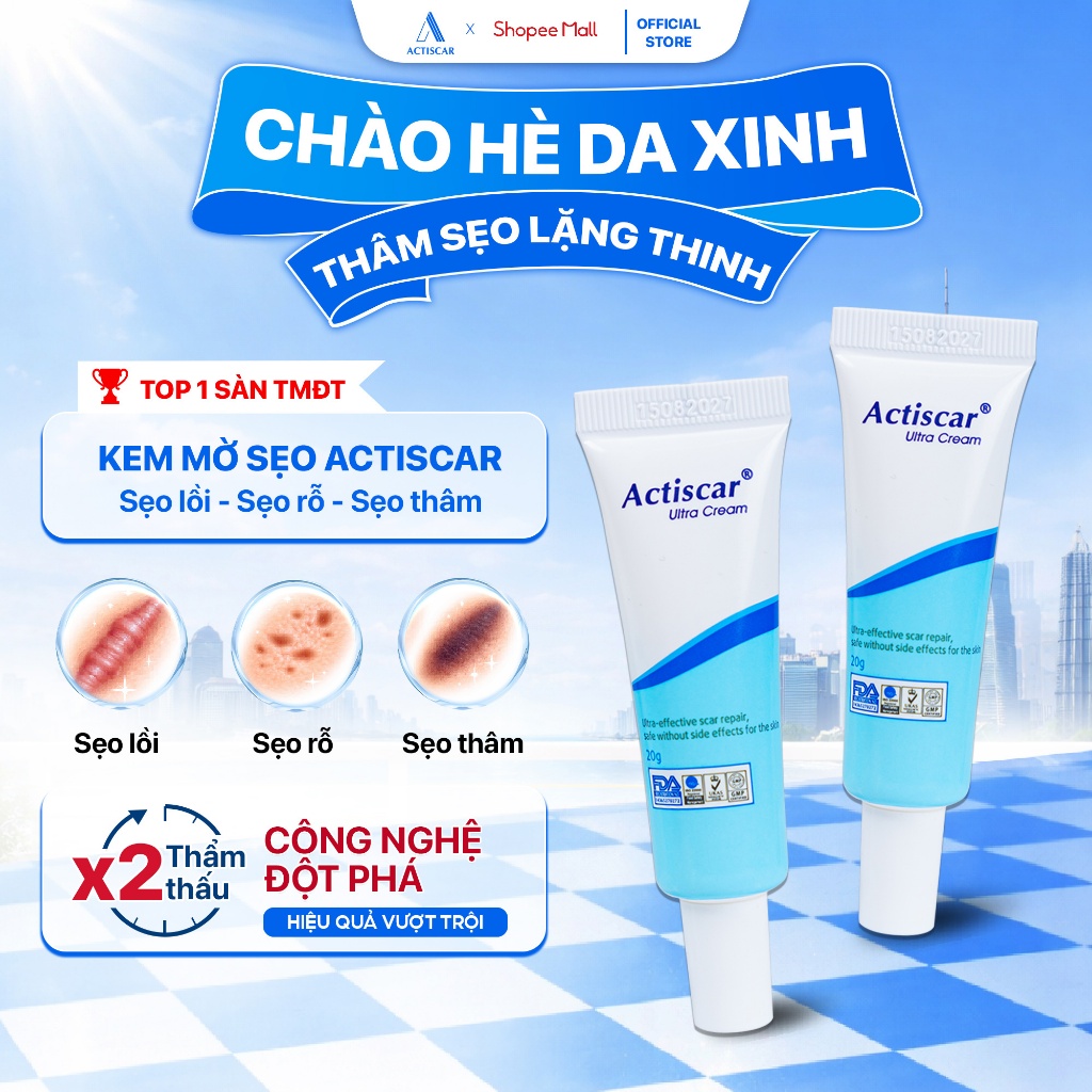 Bộ 2 Kem Hỗ Trợ Làm Mờ Sẹo Actiscar Làm Mờ Sẹo Lồi/ Thâm / Rỗ / Lõm / 20g