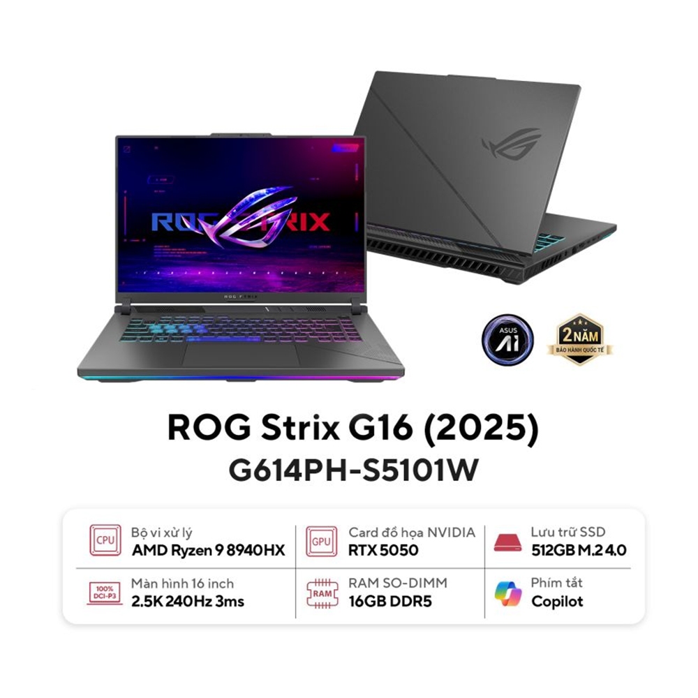 Laptop ASUS ROG Strix G16 G614PH-S5101W (AMD Ryzen 9 8940HX | RTX 5050 8GB | 16 inch WQXGA 240Hz| 16