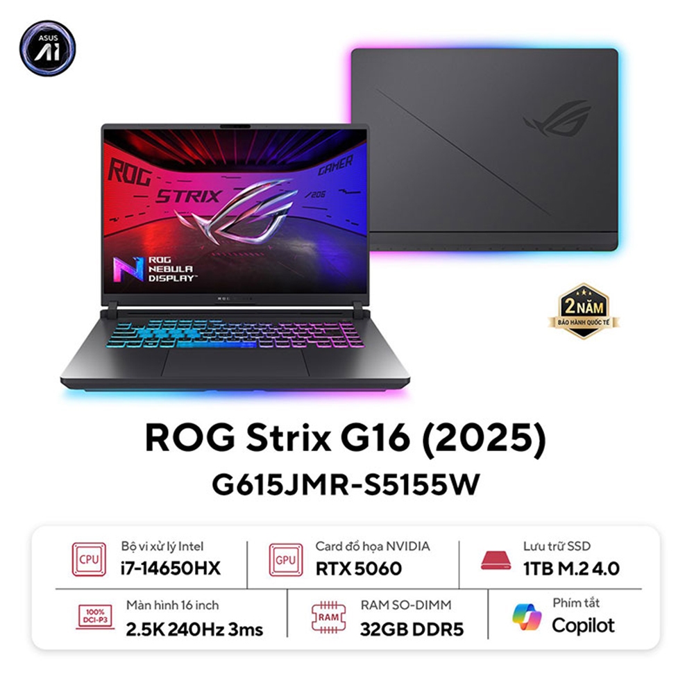 Laptop ASUS ROG Strix G16 G615JMR-S5155W, Core i7-14650HX, RTX 5060 8GB, 32GB RAM, 1TB, 16.0 QHD+ 24