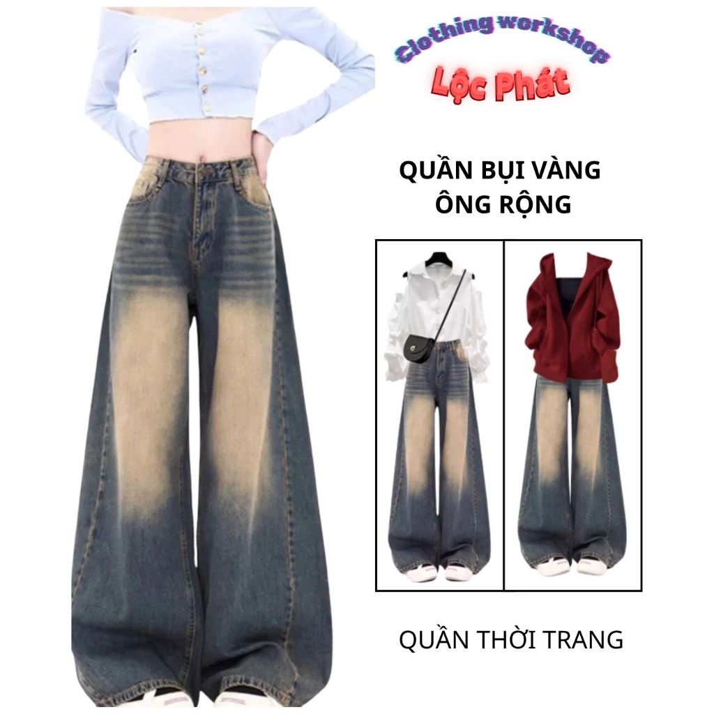 Quần jeans ống rộng, Quần bò ống rộng gân lưng cao bụi vàng Hot Hack dáng 2026