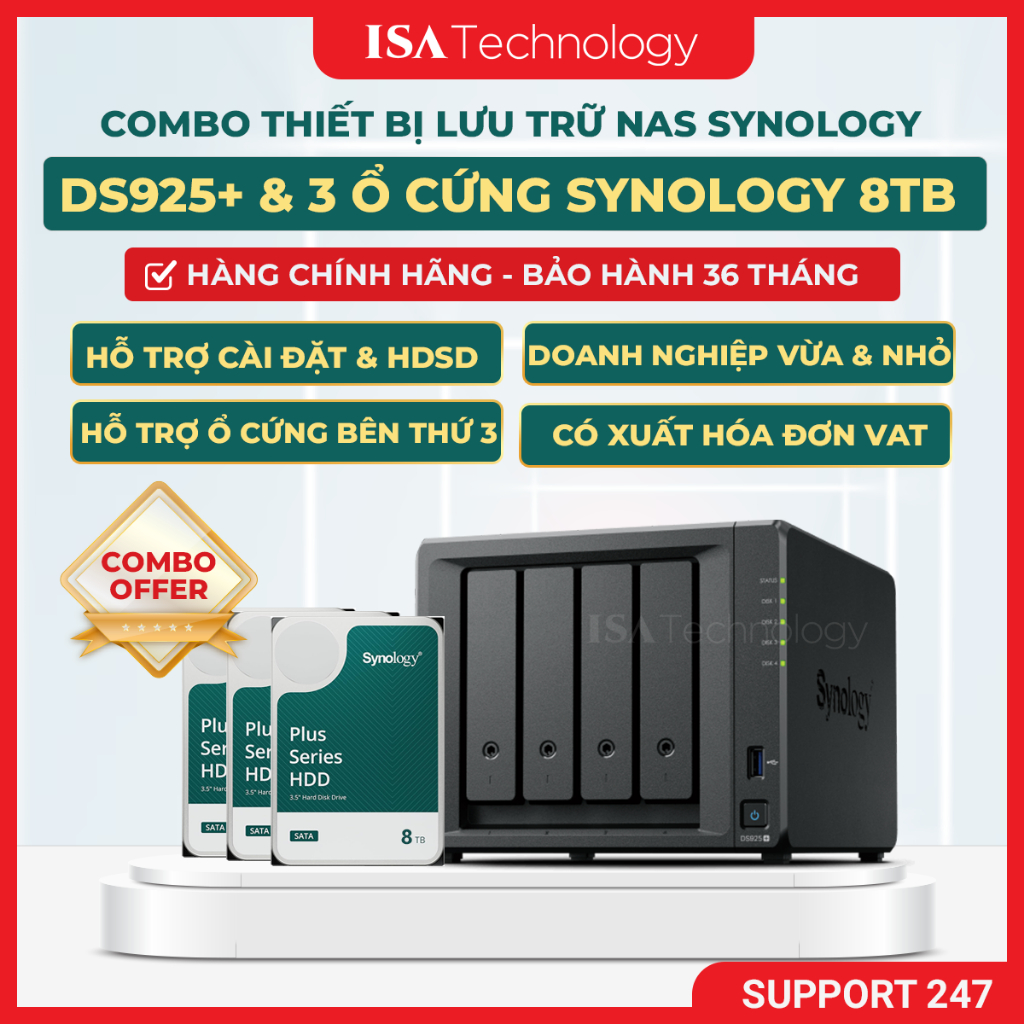 [COMBO] Nas Synology ds925+ kèm 3 ổ cứng Synology HAT 3320 8TB thiết bị lưu trữ mạng chính hãng