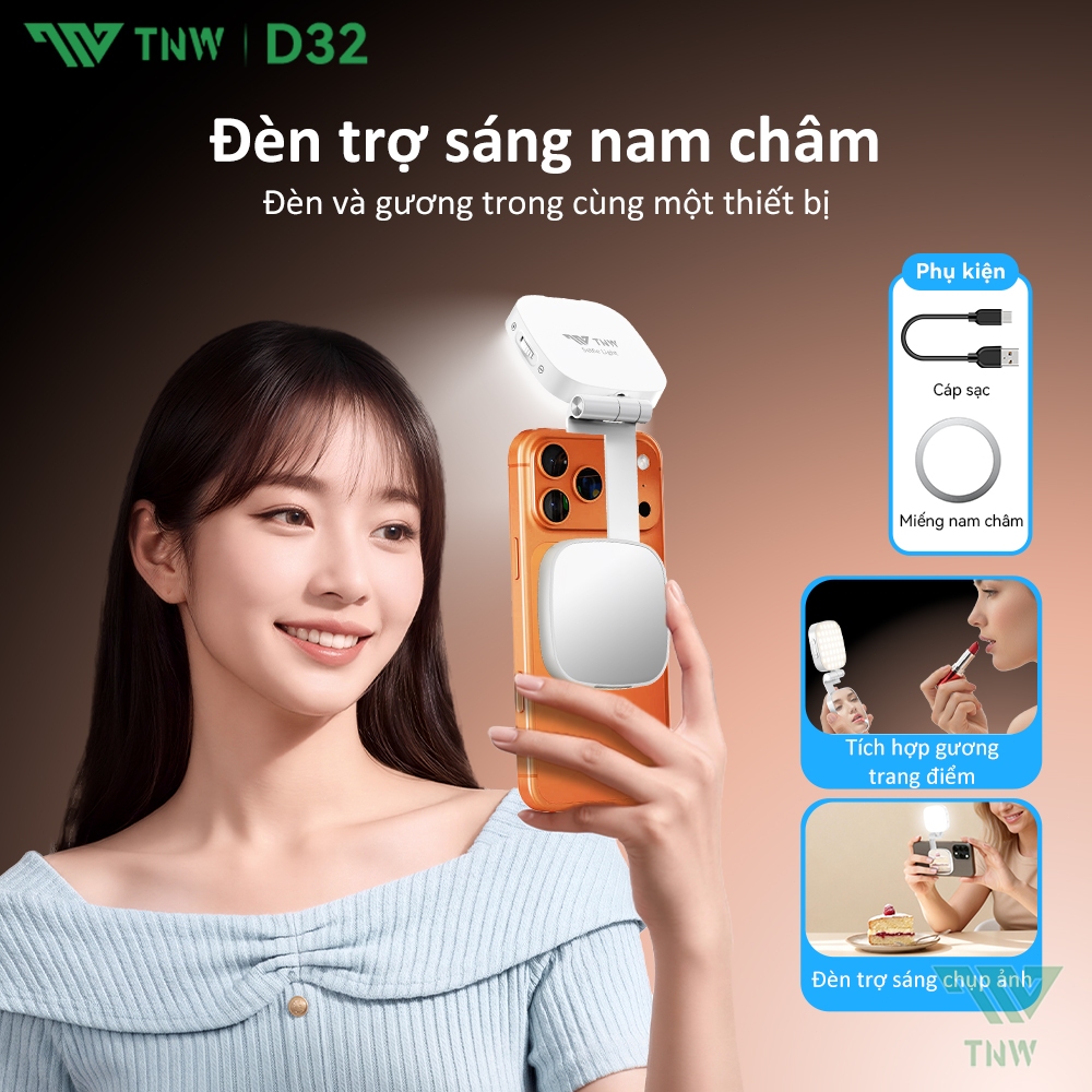 TNW D32 Đèn Selfie Từ Tính 3 Trong 1 Có Thể Điều Chỉnh Độ Sáng, Kèm Gương , Tương Thích MagSafe