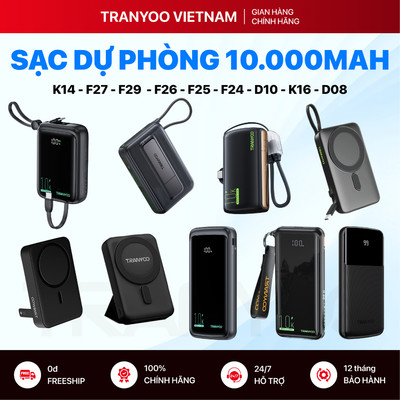 Sạc Dự Phòng TRANYOO 10000mAh Sạc Nhanh PD Max 30W Tích Hợp Cáp | Giá Đỡ | Sạc Nhanh Đa Thiết Bị