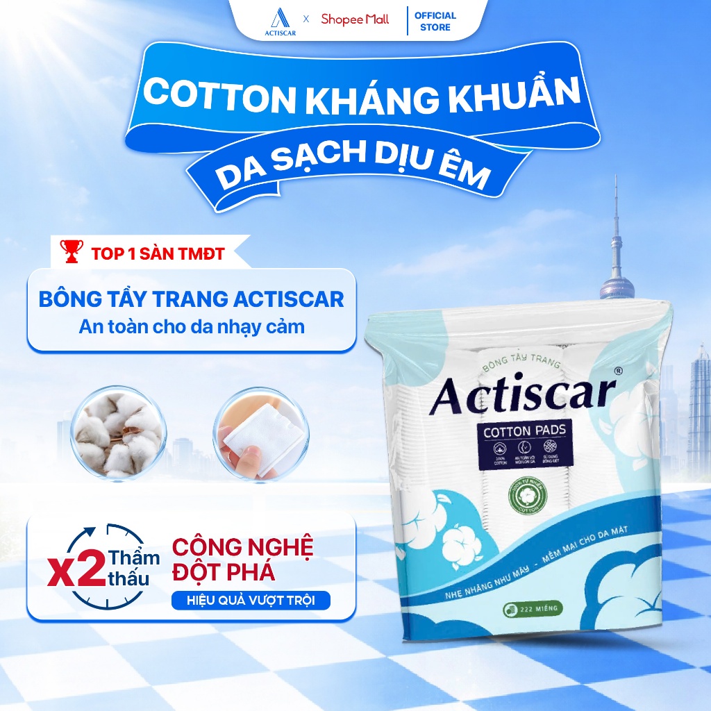 Bông tẩy trang cao cấp Actiscar gói 222 chiếc giúp tẩy trang, skincare