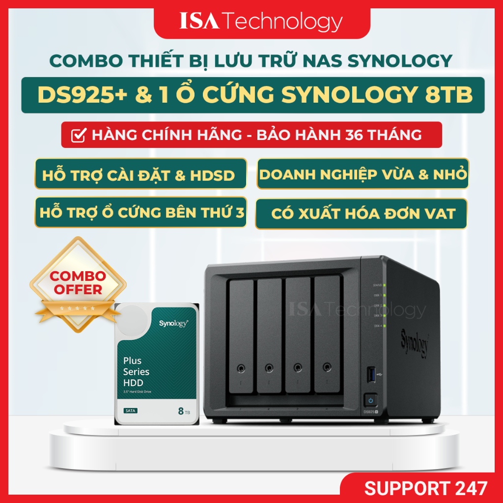 [COMBO] Nas Synology ds925+ kèm 1 ổ cứng Synology HAT 3320 8TB thiết bị lưu trữ mạng chính hãng