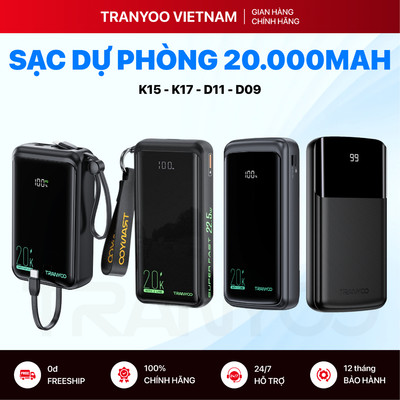Pin Sạc Dự Phòng TRANYOO POWER BANK 20000mAh An Toàn Trên Máy Bay Hỗ Trợ Sạc Nhanh Chuẩn PD 22.5W