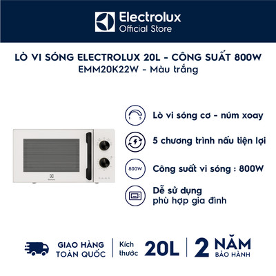 Lò vi sóng 20L Electrolux EMM20K22W 800w - 5 chương trình nấu, rã đông, hâm nóng nhanh