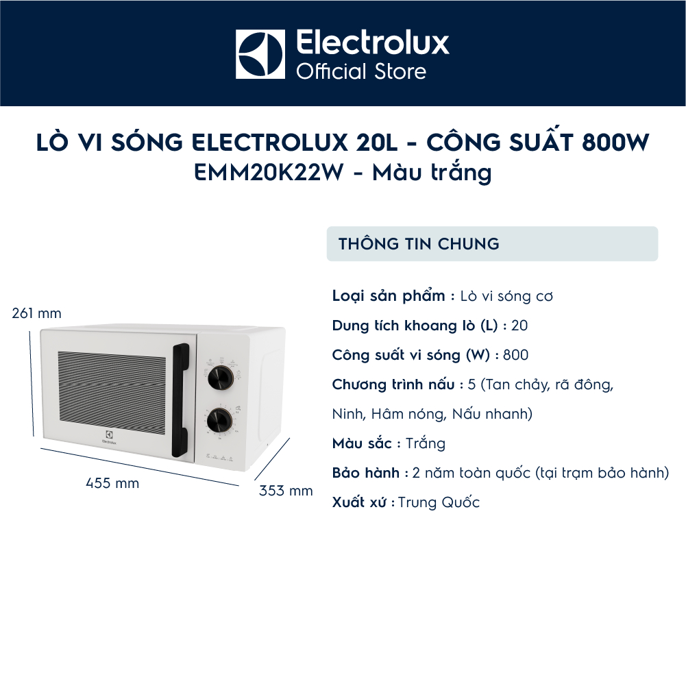 Lò vi sóng 20L Electrolux EMM20K22W 800w - 5 chương trình nấu, rã đông, hâm nóng nhanh | BigBuy360 - bigbuy360.vn