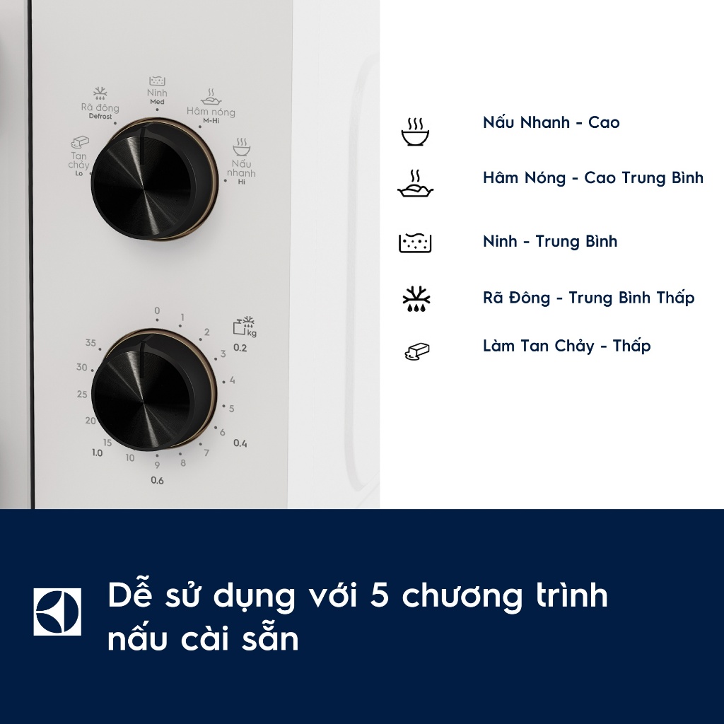 Lò vi sóng 20L Electrolux EMM20K22W 800w - 5 chương trình nấu, rã đông, hâm nóng nhanh | BigBuy360 - bigbuy360.vn