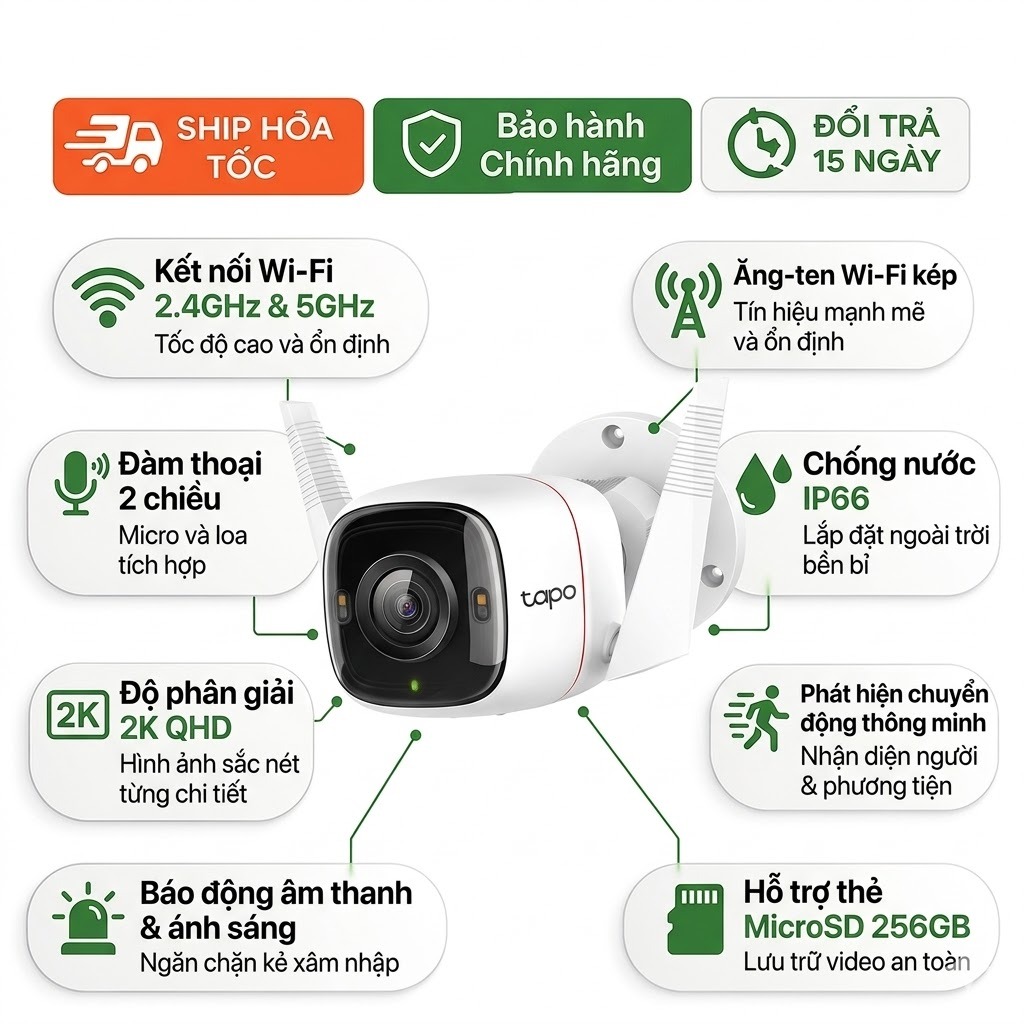 Camera TP-Link Tapo C320WS 2K QHD Ngoài Trời AI Có Màu Ban Đêm IP66