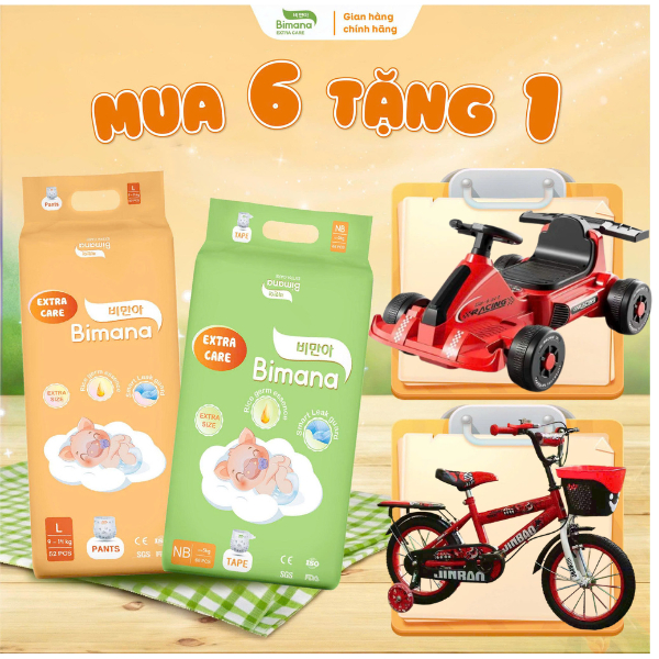 6E- [TẶNG XE ĐIỆN F1/ XE ĐẠP 2 BÁNH] Tã Bỉm quần/dán BIMANA EXTRA CARE mỏng, thoáng, thấm tốt size N