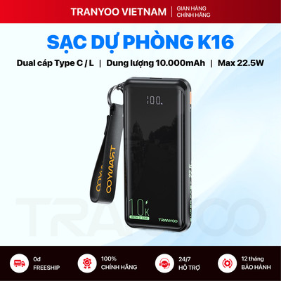 Sạc Dự Phòng TRANYOO T-K16 10000mAh Sạc Nhanh 22.5W Tích Hợp 2 Cáp Type C, L và 3 Cổng