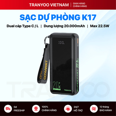 Sạc Dự Phòng TRANYOO T-K17 20000mAh Sạc Nhanh 22.5W Tích Hợp 2 Cáp Type C, L và 3 Cổng