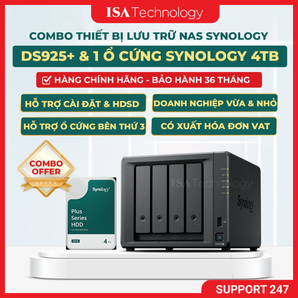 [COMBO] Nas Synology ds925+ kèm 1 ổ cứng Synology HAT 3300 4TB thiết bị lưu trữ mạng chính hãng