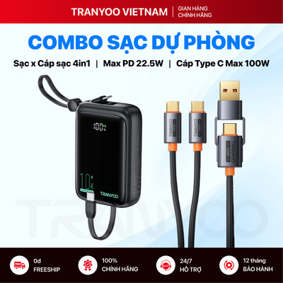 Combo Pin Sạc Dự Phòng TRANYOO T-K14 / K15 và Cáp 4in1 XS11 Sạc Nhanh PD 22.5W Đa Năng Tiện Lợi