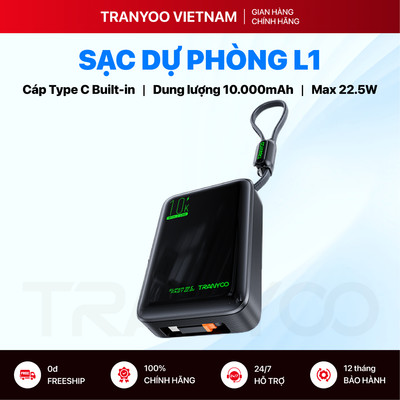 Pin Sạc Dự Phòng TRANYOO T-L1 10000mAh Sạc Nhanh PD 22.5W Thiết Kế Cáp Rút Gọn Type C đi kèm Cáp L