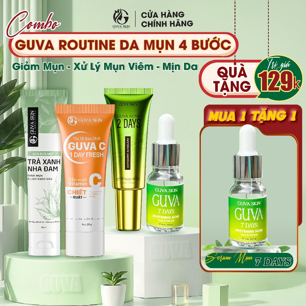 COMBO GUVA ROUTINE DA MỤN 4 BƯỚC| Giảm Mụn – Xử Lý Mụn Viêm – Mịn Da | SRM + Tẩy Tế Bào Chết + Serum