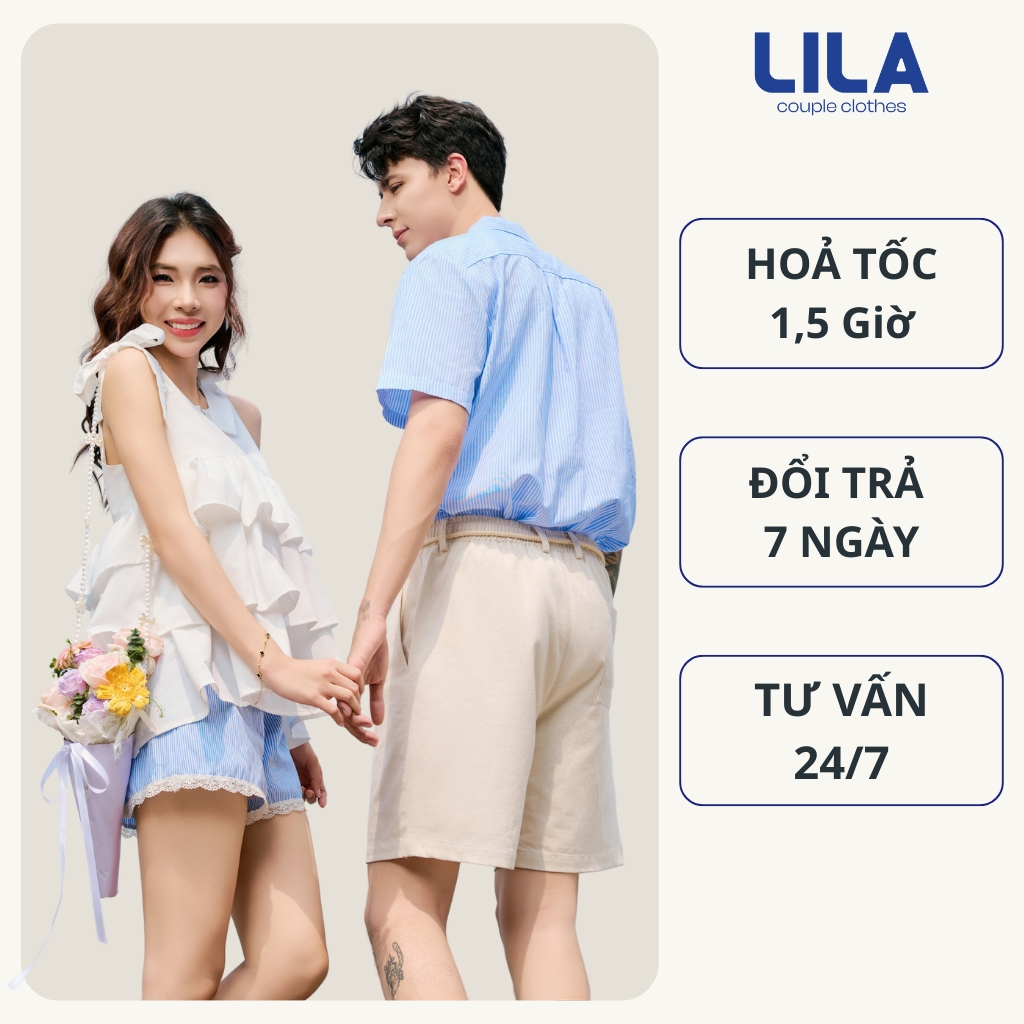 Set đồ đôi nam nữ với người yêu áo couple sơ mi nam kẻ sọc áo 2 dây quần sooc nữ thương hiệu LILA 2 