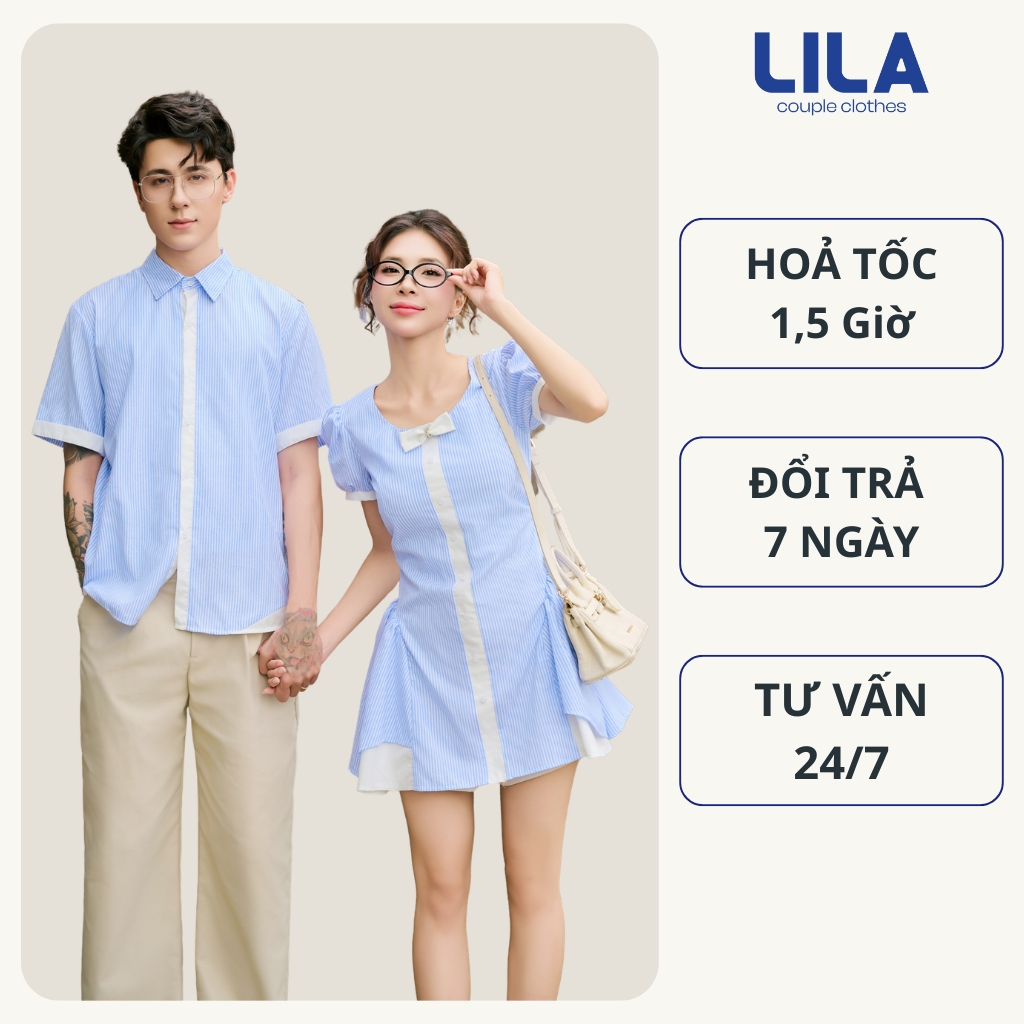 Set đồ biển đôi nam nữ set couple với người yêu áo sơ mi oxford kẻ sọc nam + đầm xòe nữ thương hiệu 