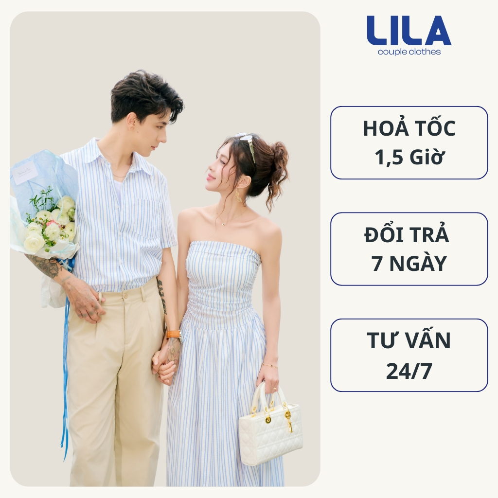 Set đồ biển đôi nam nữ set couple với người yêu áo sơ mi oxford nam + đầm maxi nữ thương hiệu LILA -
