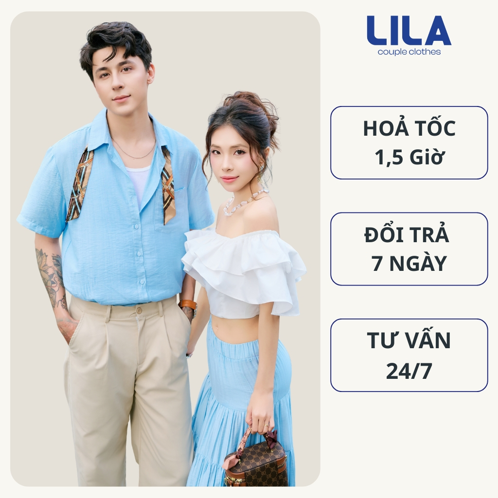Set đồ biển đôi nam nữ set couple với người yêu áo sơ mi  nam + đầm maxi xòe áo trễ vai nữ thương hi